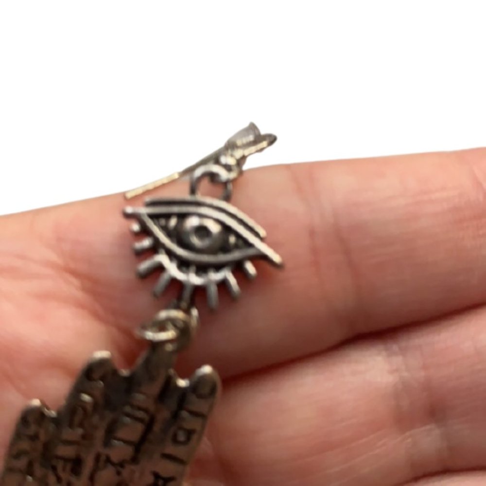 Hamsa, Fatima's hand + evil eye palm dangle silver tone large earrings - Picture 5 of 8